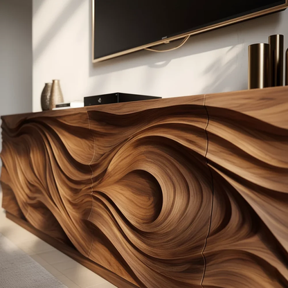 Solid Wood TV Stand Modern Walnut Media Console with Sculpted Wave Doors and Storage
