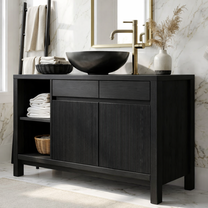 Modern Solid Wood Bathroom Vanity with Fluted Doors and Open Shelf Storage