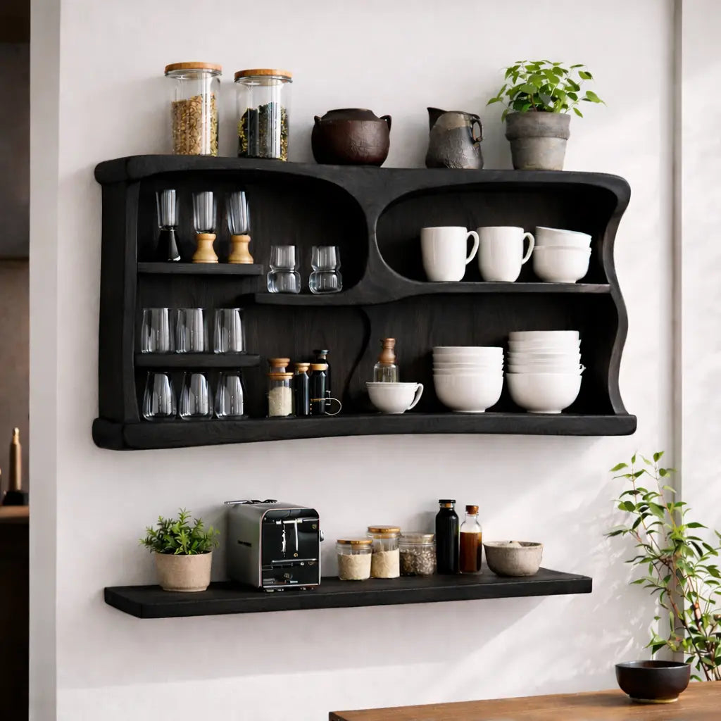 Solid Wood Kitchen Cabinet Shelf – Modern Open Wall Storage with Curved Design Kitchnce