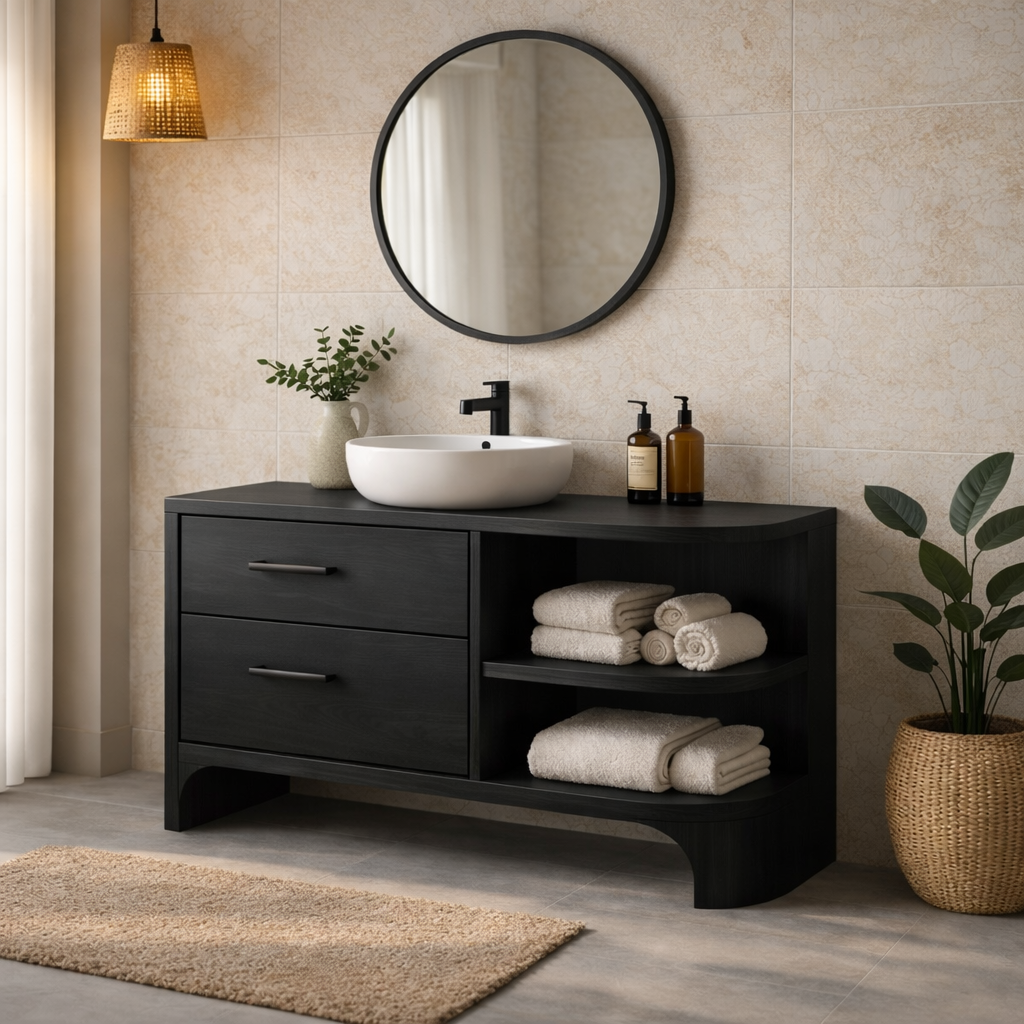Solid Wood Bathroom Vanity with Drawers and Open Shelf – Modern Bathroom Vanity Cabinet