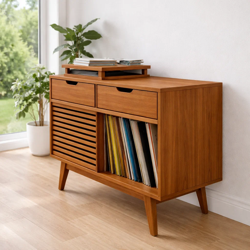 Mid Century Record Player Sideboard Cabinet with Slatted Door – Vinyl Storage Console