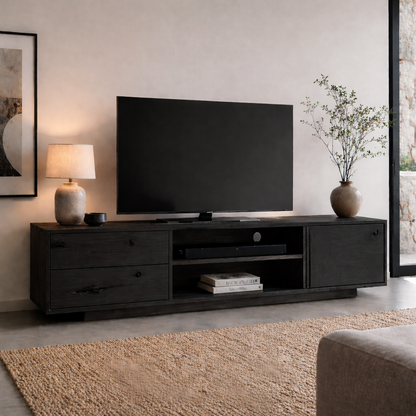 Solid Wood Media Console with Drawers, Modern Rustic TV Stand with Open Storage