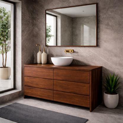 Solid Wood Bathroom Vanity Cabinet with 6 Drawers – Modern Walnut Bathroom Storage