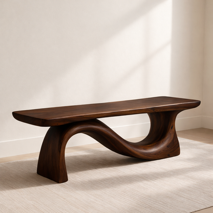 Modern Solid Wood Bench with Curved Base – Handmade Wooden Entryway Bench Kitchnce