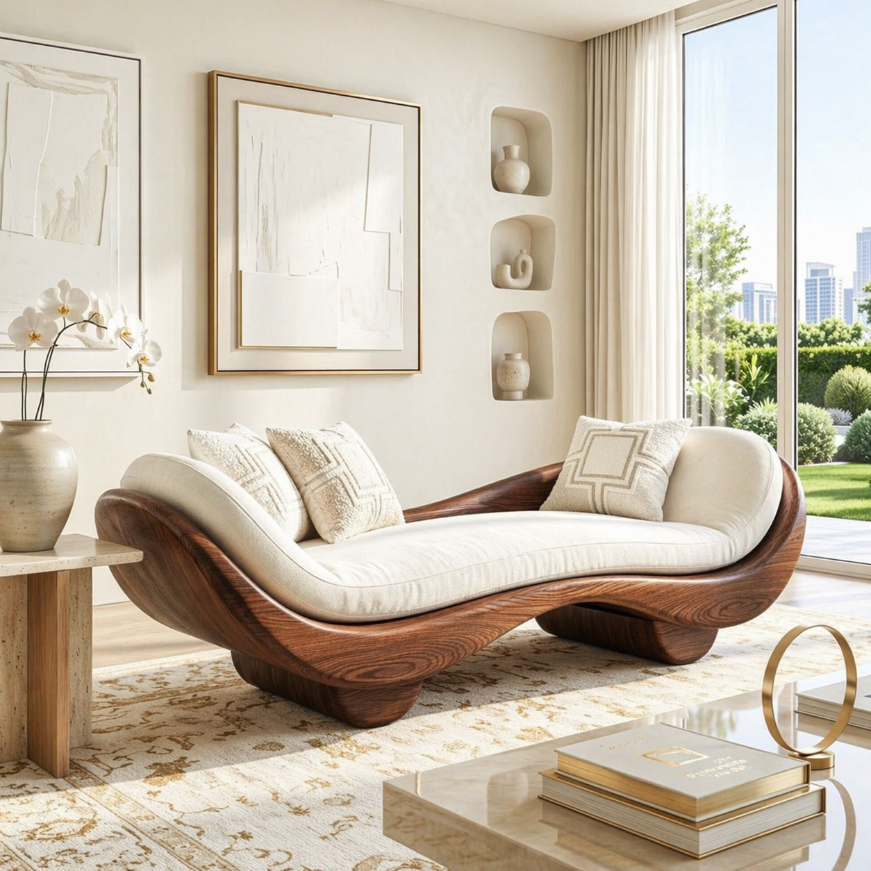 Organic Modern Wooden Chaise Lounge, Sculptural Minimalist Sofa with Cream Cushion