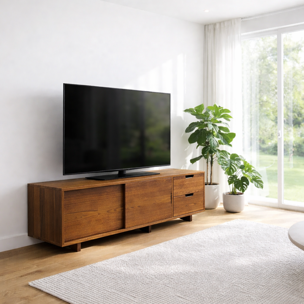 Solid Wood TV Console with Sliding Doors & Drawers – Modern Media Stand