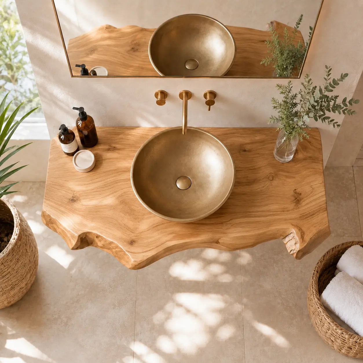 Dark Walnut Live Edge Vanity Shelf | Solid Wood Floating Bathroom Counter Kitchnce