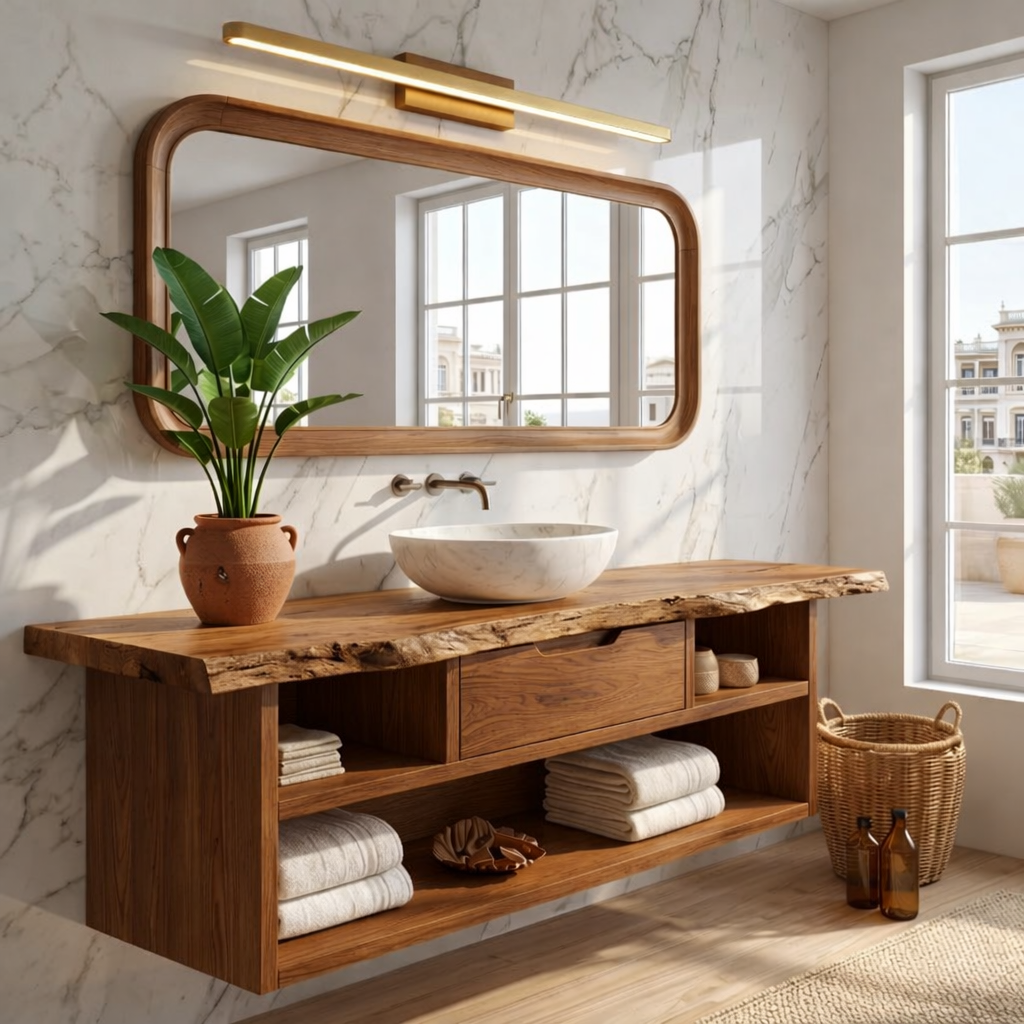 Modern Floating Vanity with Walnut Wood, Marble Sink, and Spacious Storage