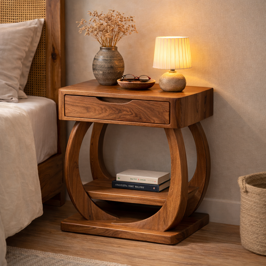 Solid Wood Nightstand with Drawer and Shelf – Modern Sculptural Bedside Table