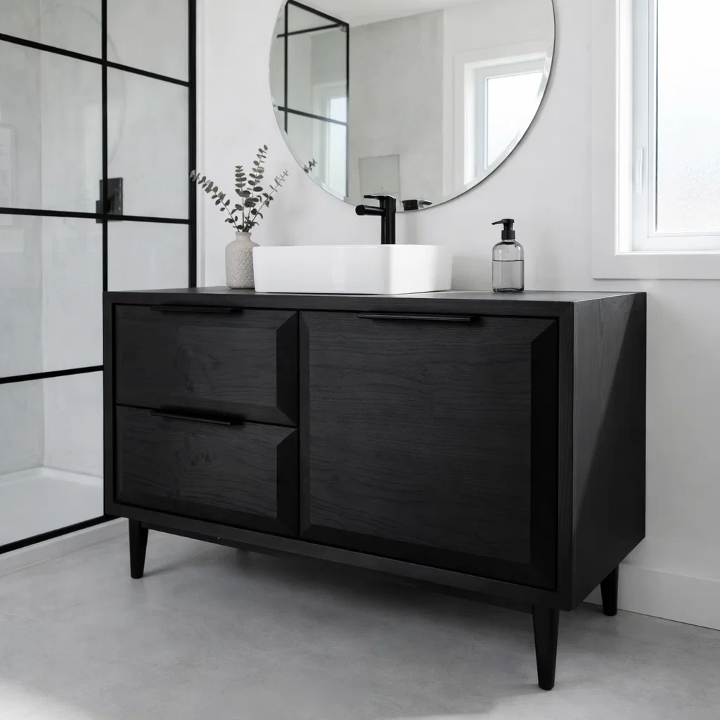 Solid Wood Bathroom Vanity with Drawer & Cabinet – Modern Minimal Base