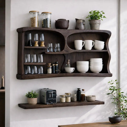 Solid Wood Kitchen Cabinet Shelf – Modern Open Wall Storage with Curved Design Kitchnce