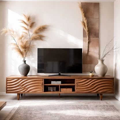 Solid Wood Media Console with Wave Doors – Modern TV Stand Storage Cabinet
