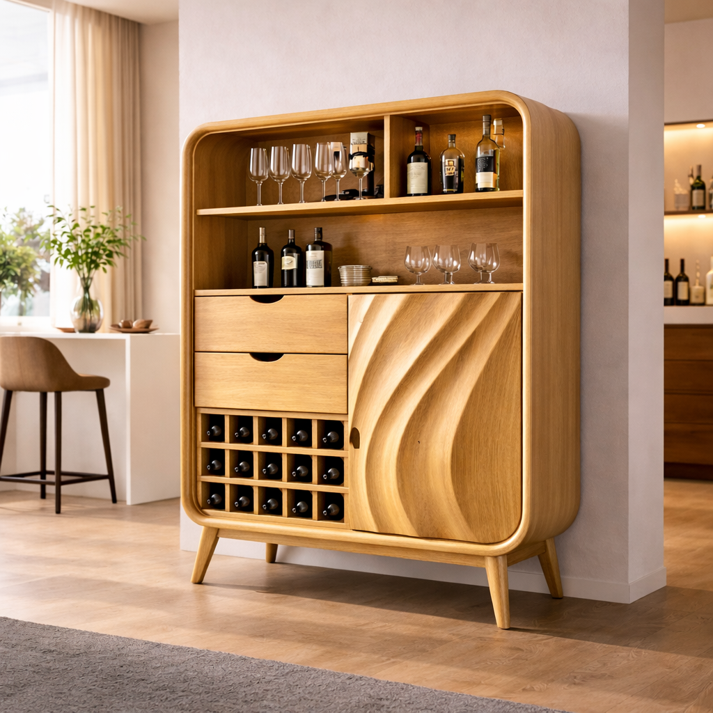 Solid Wood Bar Cabinet with Wine Rack & Curved Frame – Mid Century Modern Liquor Cabinet