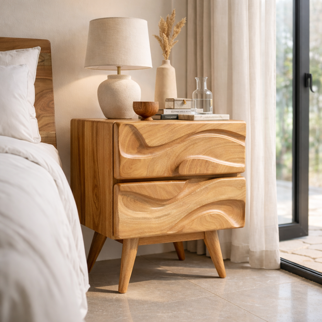 Solid Wood Nightstand with Open Shelf & Drawer – Minimalist Modern Bedside Table