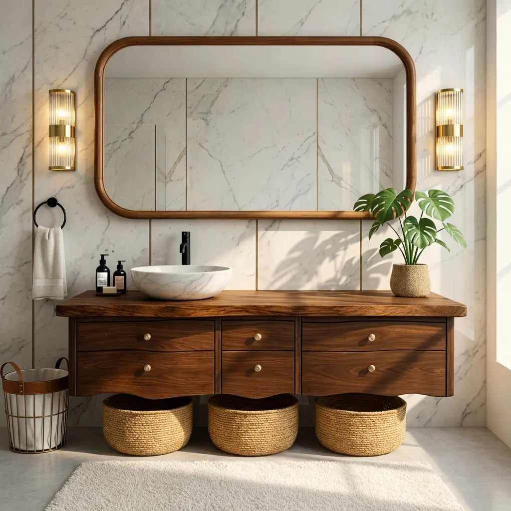 Rustic Double Sink Floating Vanity with Wooden Base and Black Faucets Kitchnce