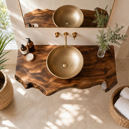 Dark Walnut Live Edge Vanity Shelf | Solid Wood Floating Bathroom Counter Kitchnce