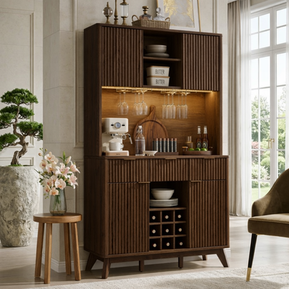 Tall Contemporary Fluted Wooden Bar Cabinet, Coffee-Station Hutch with Wine Storage
