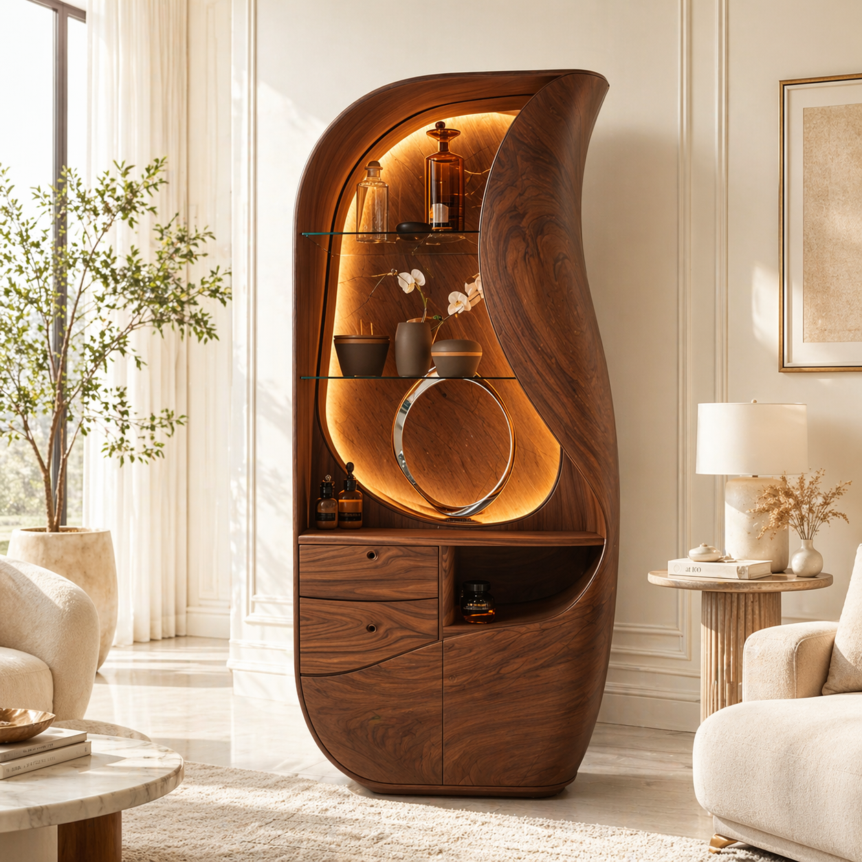 Sculptural Bar Cabinet Modern Display Shelves Accent Storage Cabinet Statement Furniture