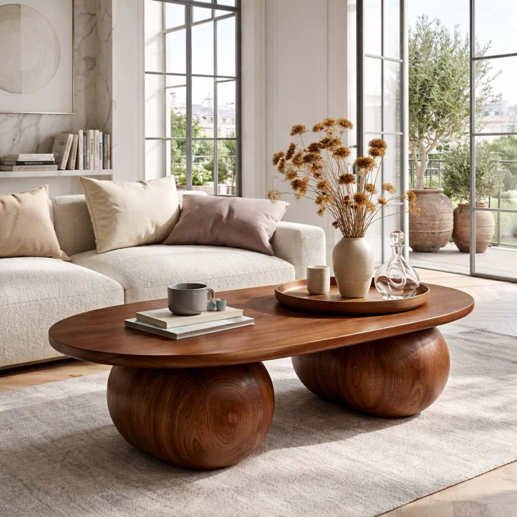 Modern Wooden Coffee Table with Round Sculptural Base