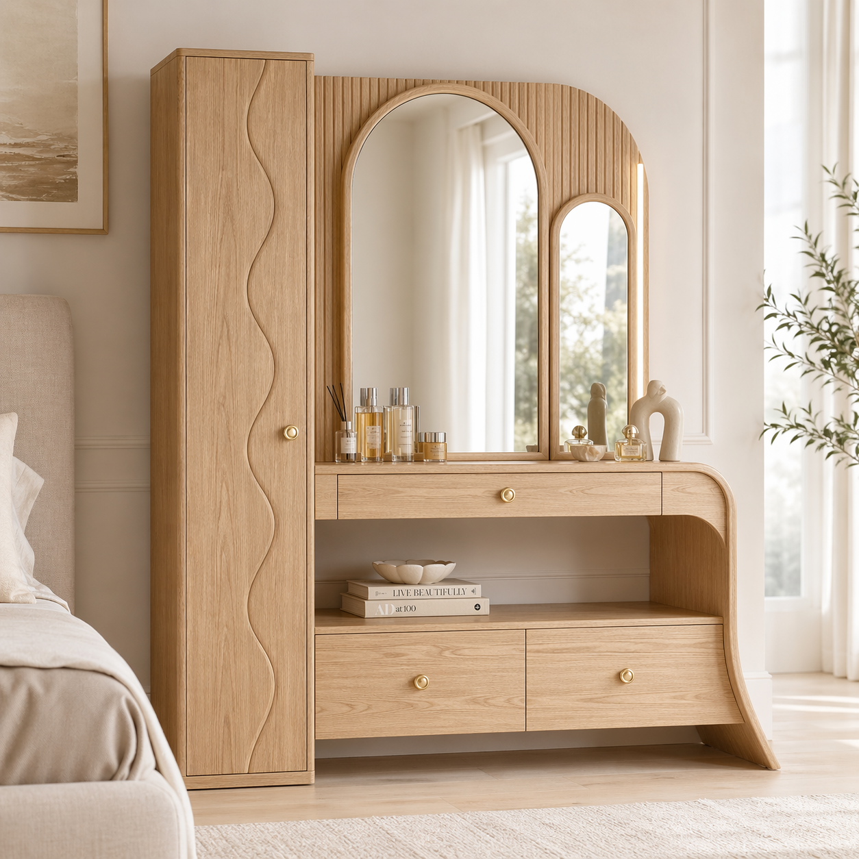 Modern Makeup Vanity Desk With Storage Cabinet Mirror Dressing Table Bedroom Set