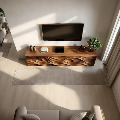 Solid Wood TV Stand Modern Walnut Media Console with Sculpted Wave Doors and Storage