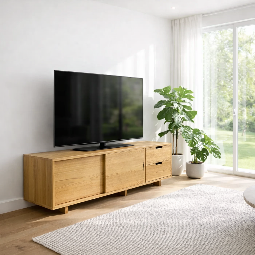 Solid Wood TV Console with Sliding Doors & Drawers – Modern Media Stand
