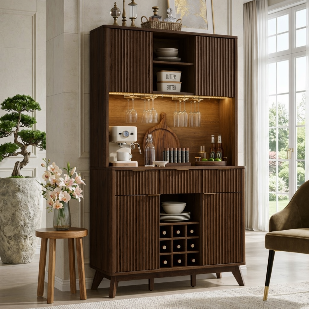 Tall Contemporary Fluted Wooden Bar Cabinet, Coffee-Station Hutch with Wine Storage