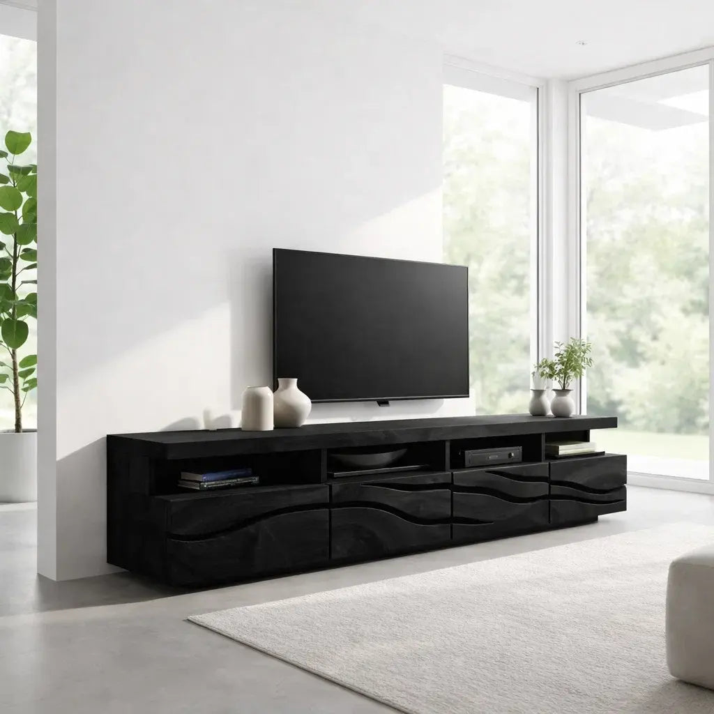 Solid Wood TV Cabinet with Wave Front – Modern Walnut Media Console Kitchnce