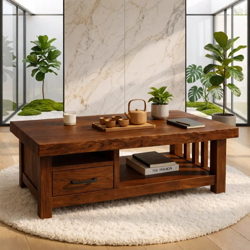 Modern Solid Wood Coffee Table with Drawer and Open Shelf for Living Room Storage Kitchnce