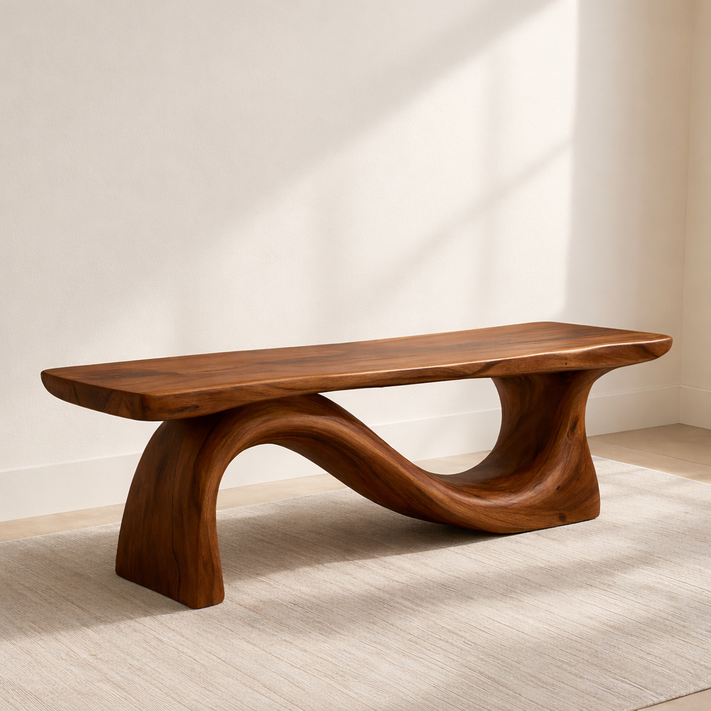 Modern Solid Wood Bench with Curved Base – Handmade Wooden Entryway Bench Kitchnce