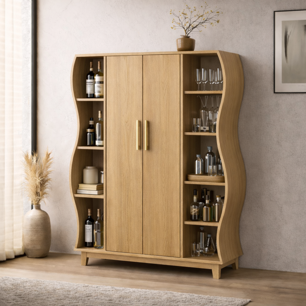 Solid Wood Curved Bar Cabinet with Open Shelves – Modern Walnut Wine Storage Cabinet