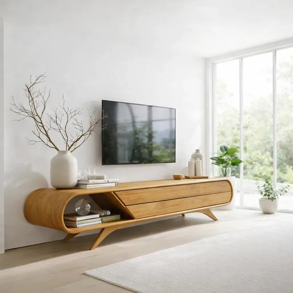 Solid Wood TV Cabinet Curved Modern Media Console Kitchnce