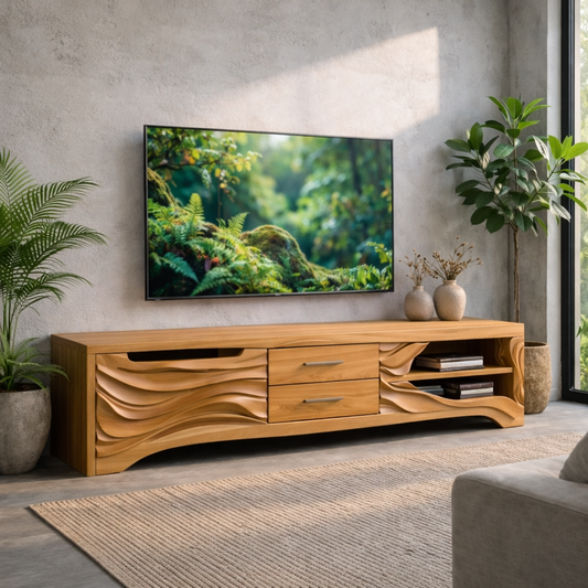 Solid Wood TV Stand with Carved Wave Front – Modern Media Console for Living Room Kitchnce