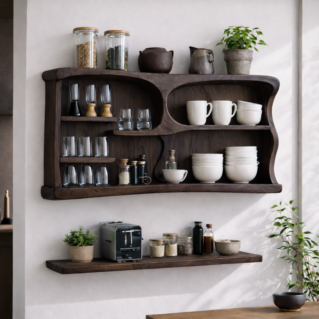 Solid Wood Kitchen Cabinet Shelf – Modern Open Wall Storage with Curved Design