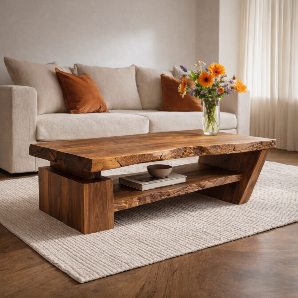 Solid Wood Live Edge Coffee Table with Modern Storage – Natural Design
