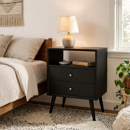 Solid Nightstand - Mid-Century Modern Bedside Table with Open Shelf & 2 Drawers