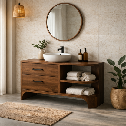 Solid Wood Bathroom Vanity with Drawers and Open Shelf – Modern Bathroom Vanity Cabinet