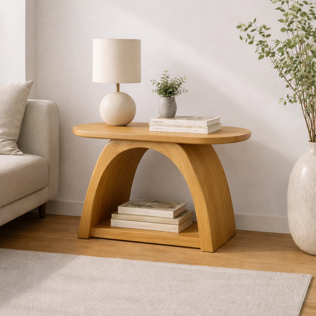 Solid Wood Curved Arch End Table with Shelf – Modern Walnut Side Table for Living Room Kitchnce