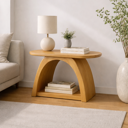Solid Wood Curved Arch End Table with Shelf – Modern Walnut Side Table for Living Room Kitchnce