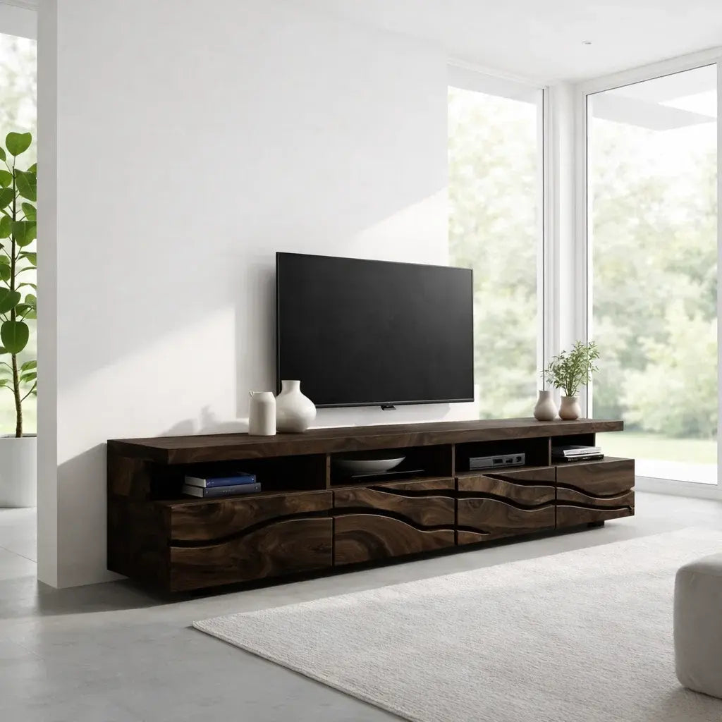 Solid Wood TV Cabinet with Wave Front – Modern Walnut Media Console Kitchnce