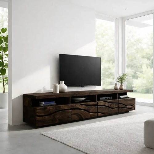 Solid Wood TV Cabinet with Wave Front – Modern Walnut Media Console Kitchnce