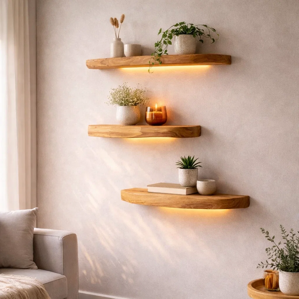 Live Edge Floating Wood Shelf - Natural Rustic Solid Wood Wall Decor