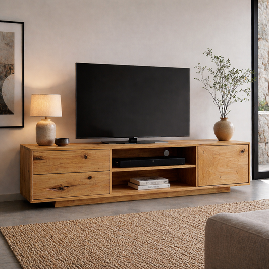 Solid Wood Media Console with Drawers, Modern Rustic TV Stand with Open Storage