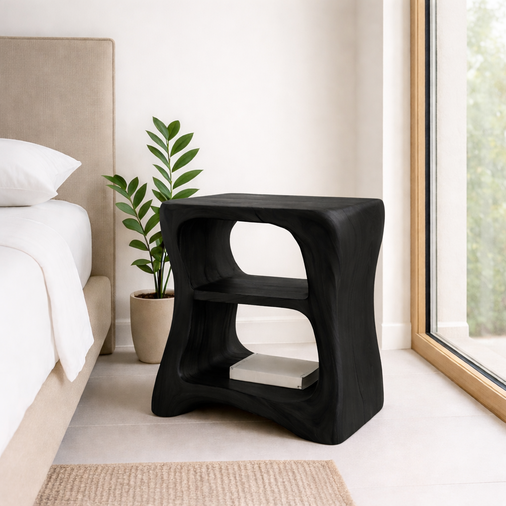 Modern Wooden Nightstand with Curved Design - Solid Wood Bedside Table for Bedroom Kitchnce