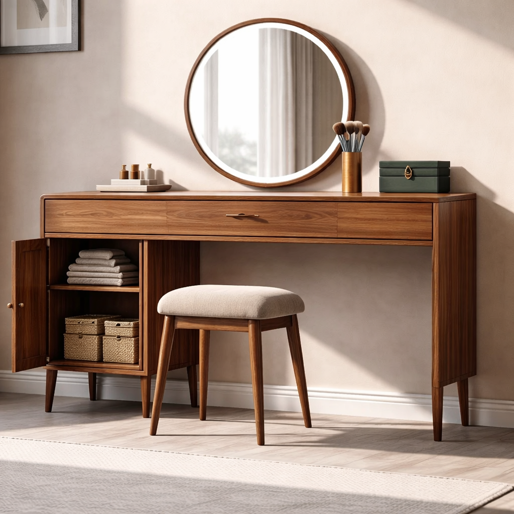 Sleek Solid Wood Makeup Vanity with Spacious Storage – Modern Design