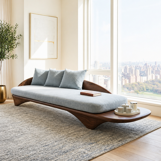 Sculptural Curved Upholstered Daybed With Side Tray, Blue Cushions, Lounge Bench