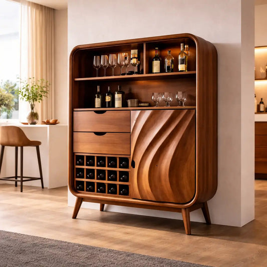 Solid Wood Bar Cabinet with Wine Rack & Curved Frame – Mid Century Modern Liquor Cabinet Kitchnce