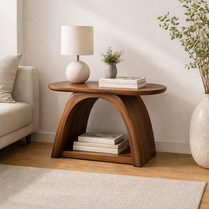 Solid Wood Curved Arch End Table with Shelf – Modern Walnut Side Table for Living Room Kitchnce