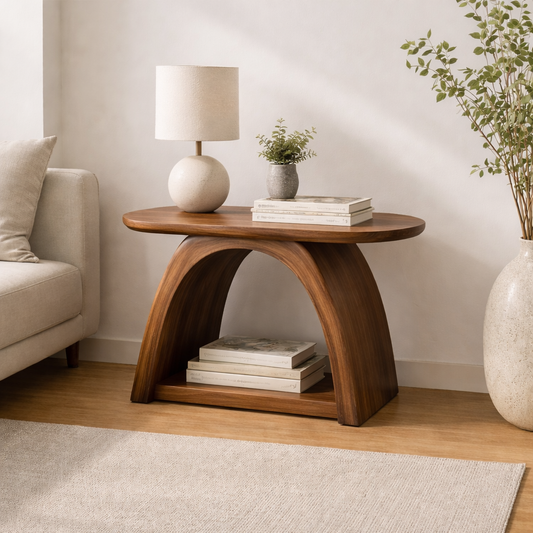 Solid Wood Curved Arch End Table with Shelf – Modern Walnut Side Table for Living Room Kitchnce