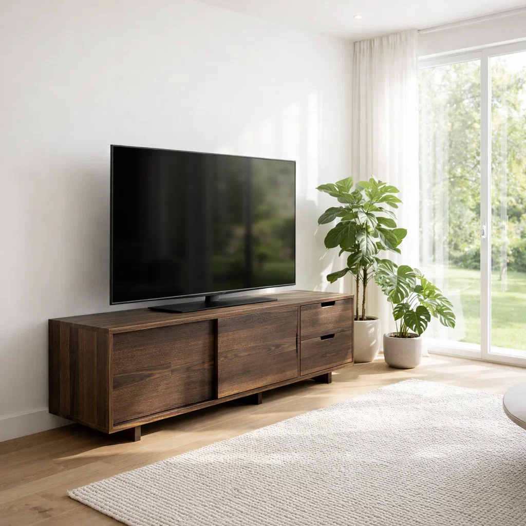 Solid Wood TV Console with Sliding Doors & Drawers – Modern Media Stand